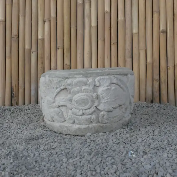 Product image 3 of the product “Balinese style flat round pot, with carving - 50cm Dia., 30 cm Height, Taro sand ”
